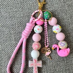 Pink Flamingo Beaded Keychain